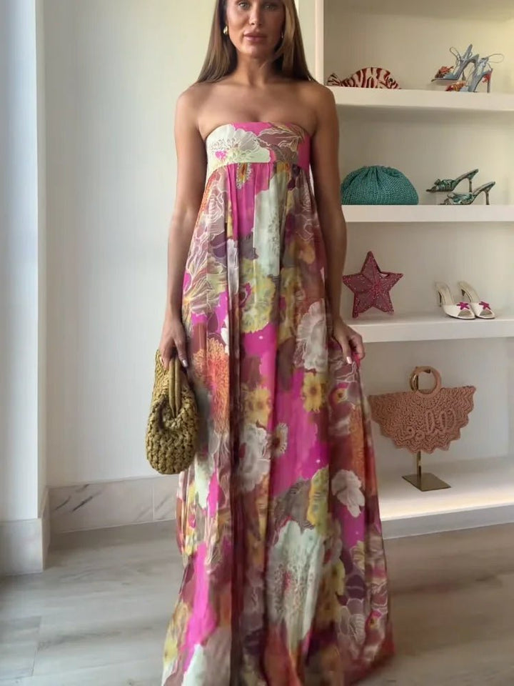 Stylish women's summer strapless floral maxi dress, a perfect long formal gown for wedding guests & cocktail parties.