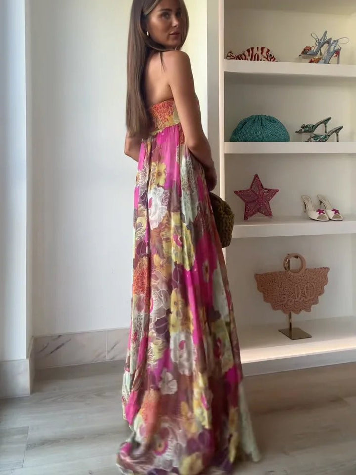 Gorgeous floral print strapless maxi dress, an elegant women's fashion choice for wedding guests & formal events.