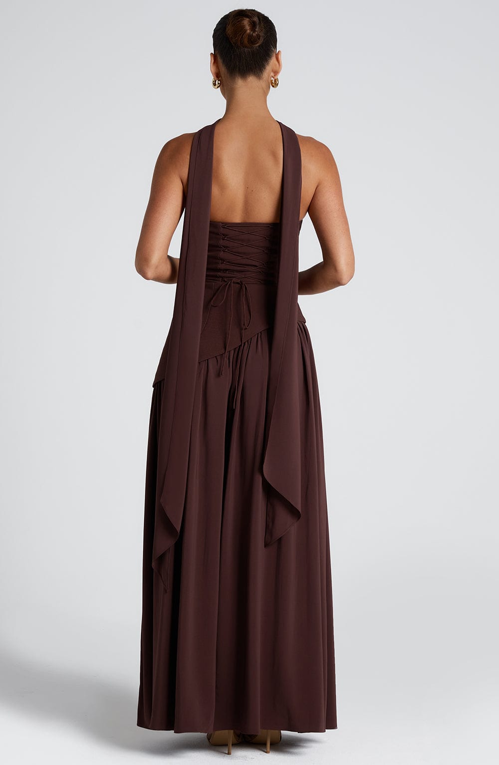 Women's strapless maxi dress. High slit & asymmetric waist create an elegant, flowy evening look.