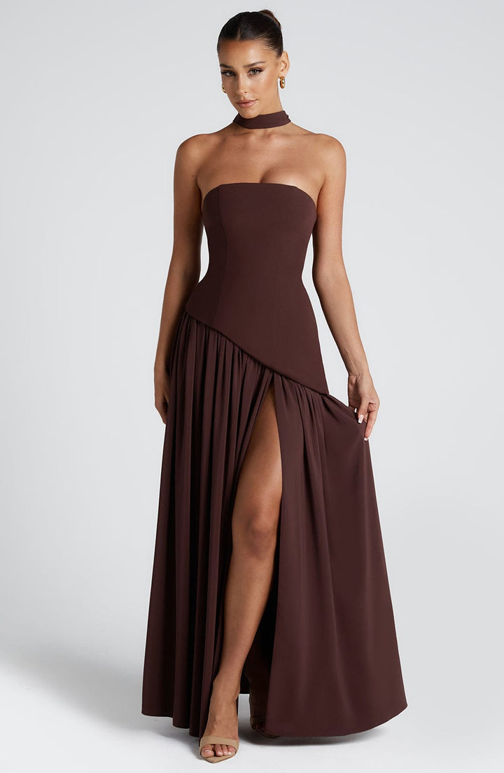 Full-length strapless maxi dress for women, featuring a chic high slit & sophisticated asymmetric waist.