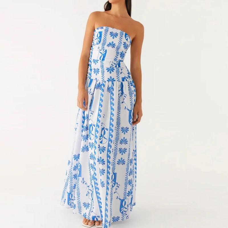Women's strapless summer maxi dress, elegant and flowy, perfect for vacation or casual wear.
