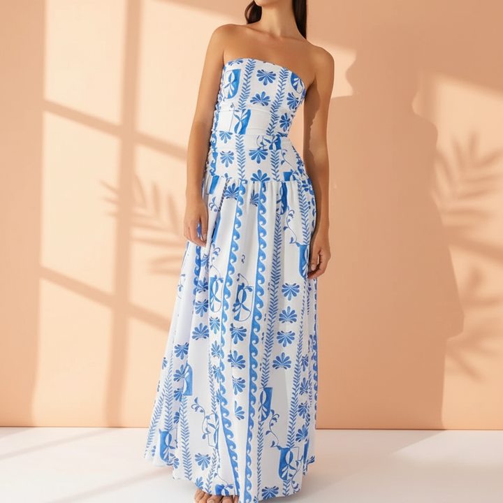 Close-up of comfortable, long strapless maxi dress fabric, ideal for elegant summer evenings.