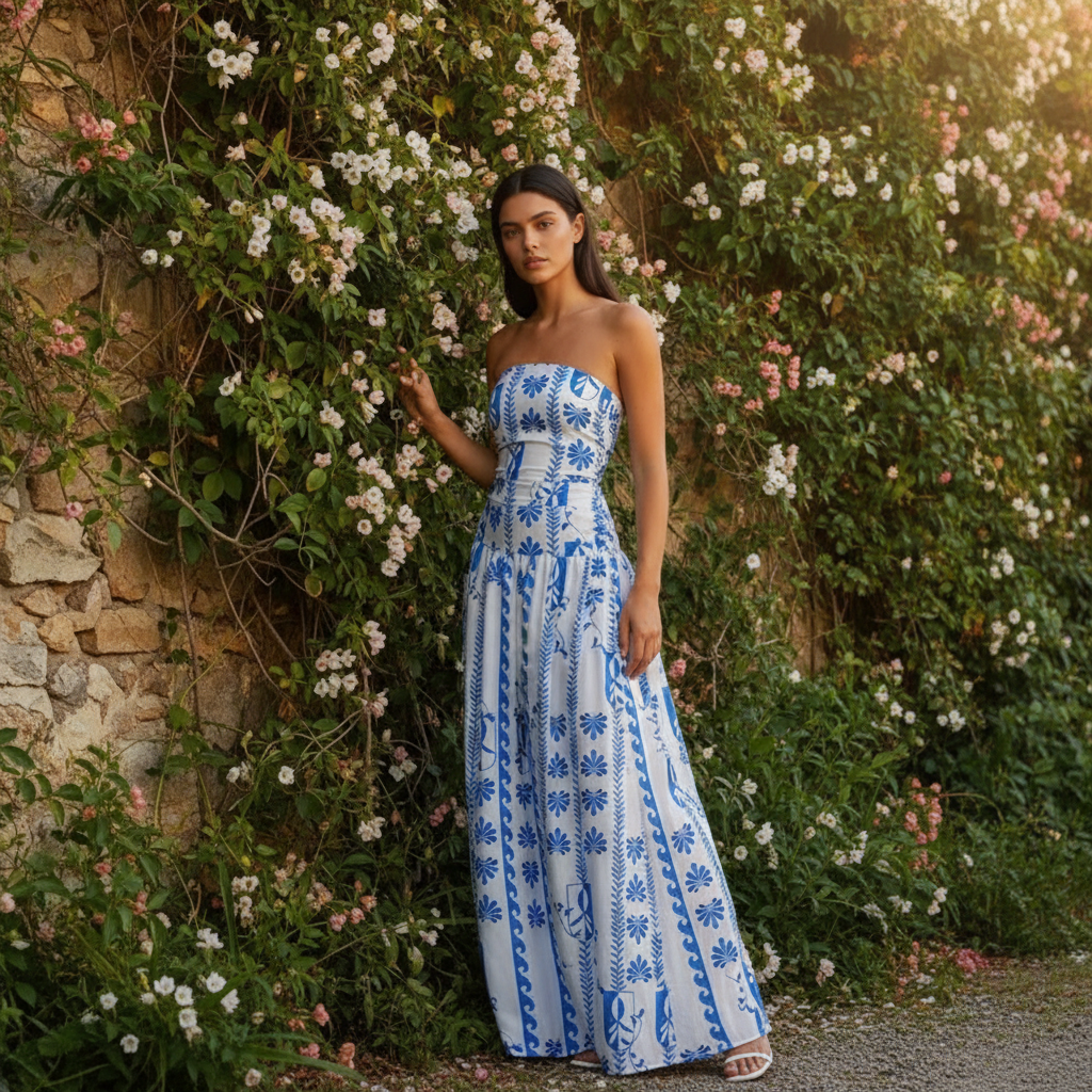 Full-length front view of chic women's strapless summer maxi dress, feminine vacation wear.