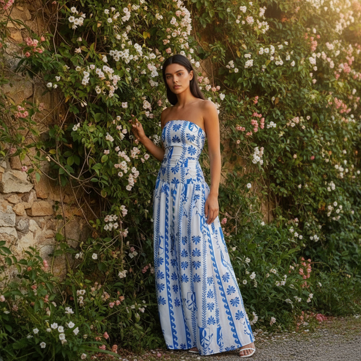 Full-length front view of chic women's strapless summer maxi dress, feminine vacation wear.