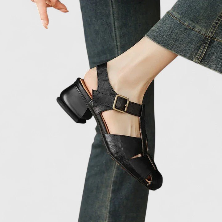 Square toe women's strappy sandals with a comfortable block heel. Elegant footwear for summer outfits.