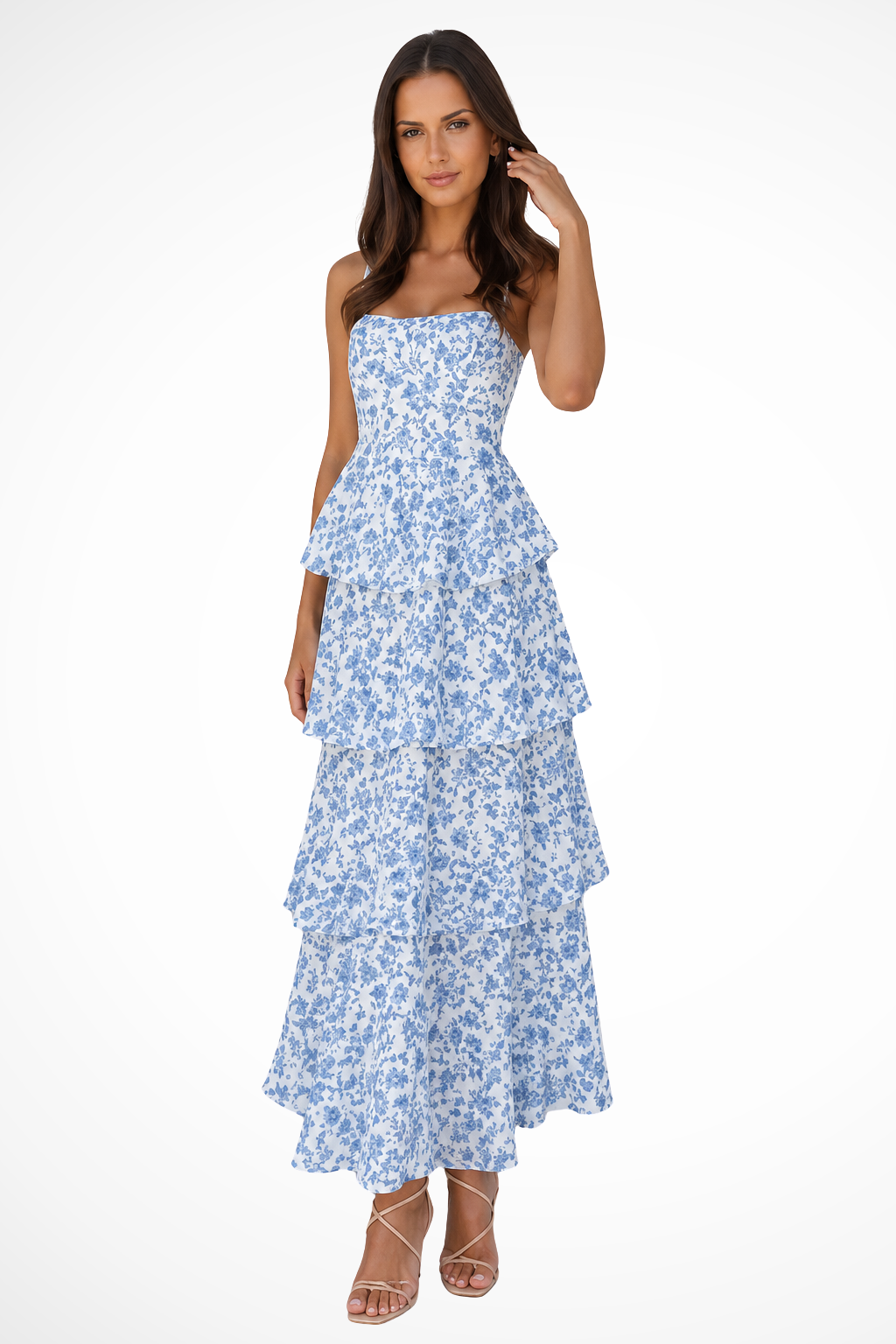 Women's strappy tiered ruffle floral maxi dress, perfect for wedding guests & summer occasions. Elegant & long.