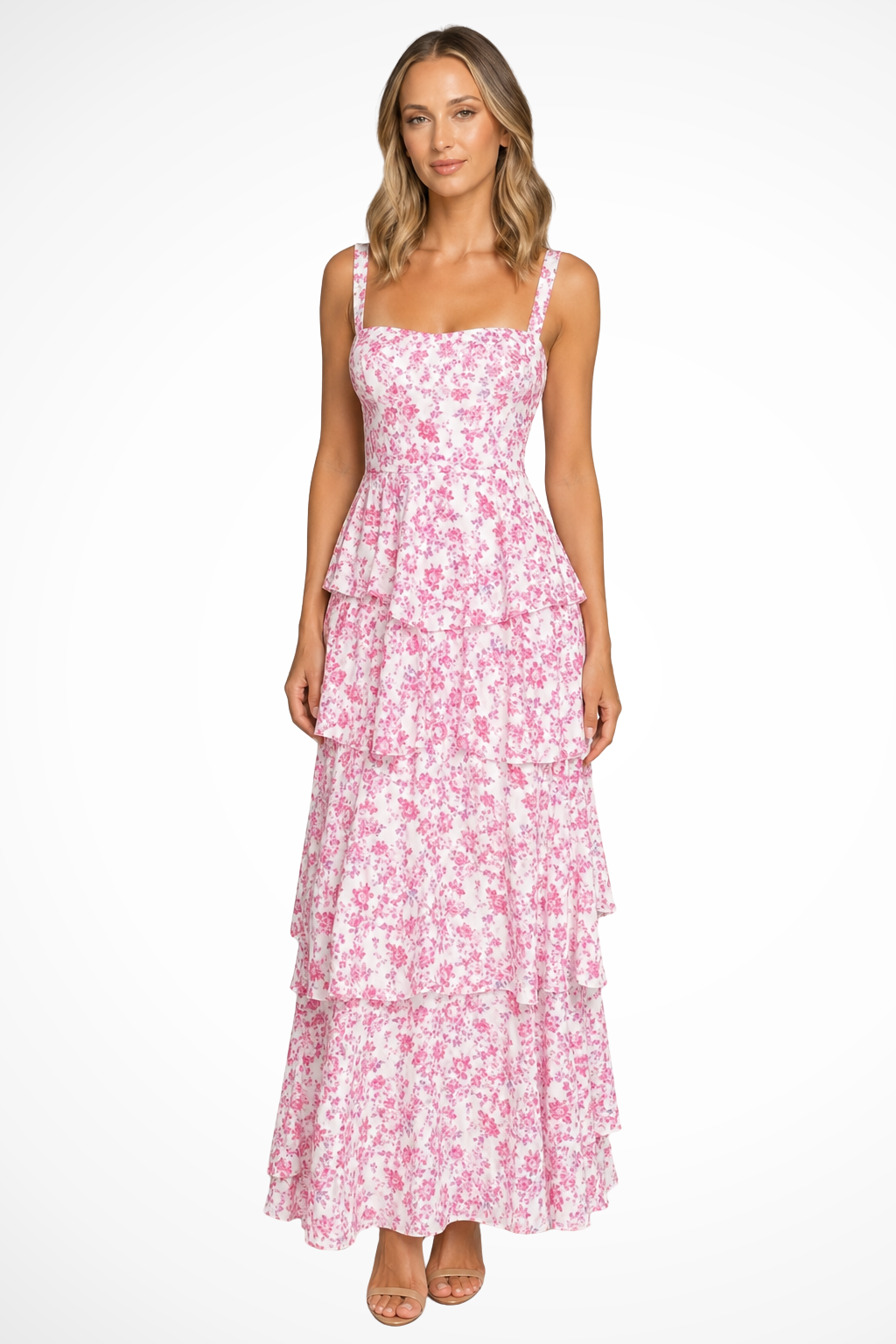 Elegant women's floral tiered maxi dress, featuring strappy ruffles. Perfect summer occasion wear for wedding guests.