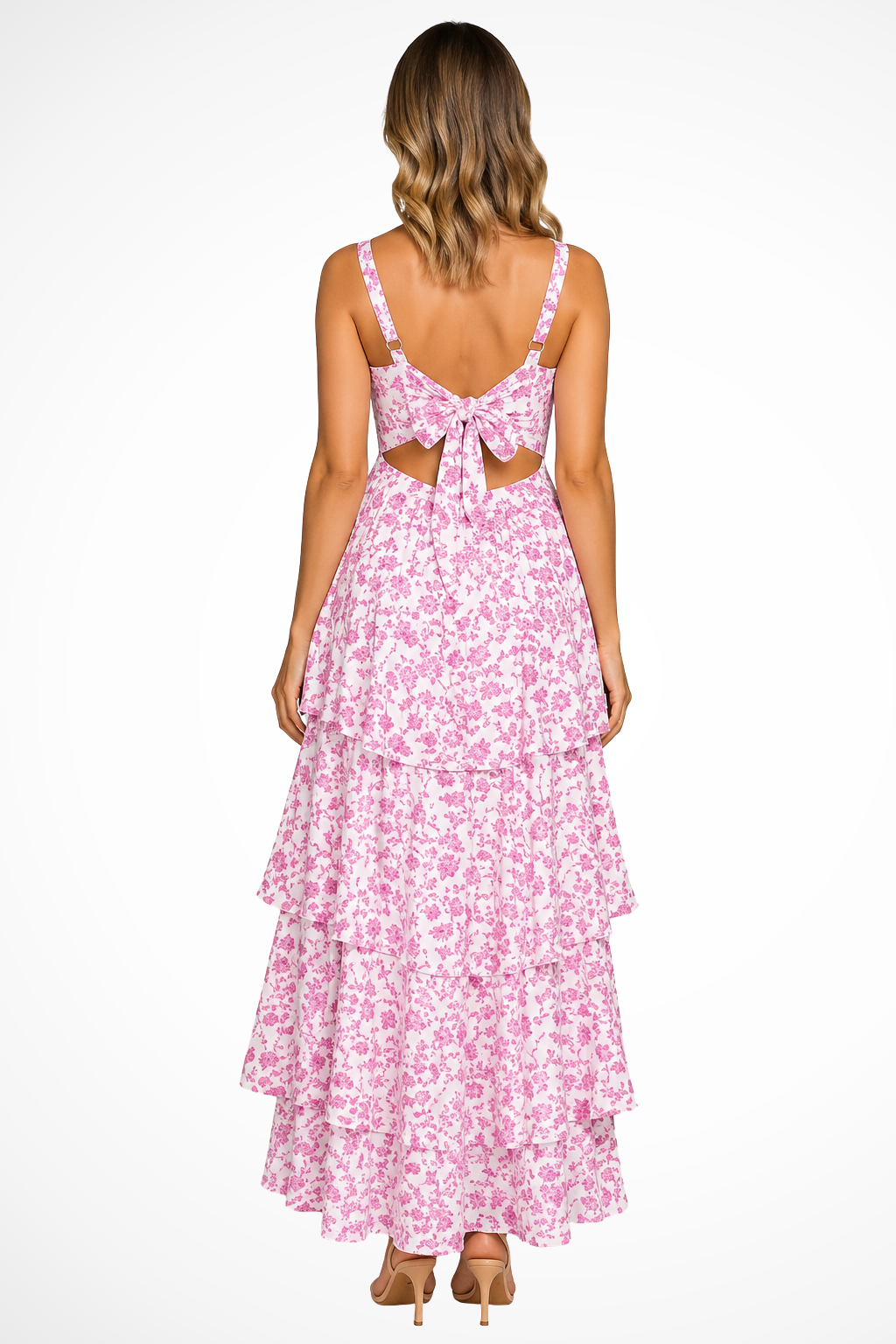 Long floral print strappy maxi dress for women, with tiered ruffles. Ideal elegant party or wedding guest dress.