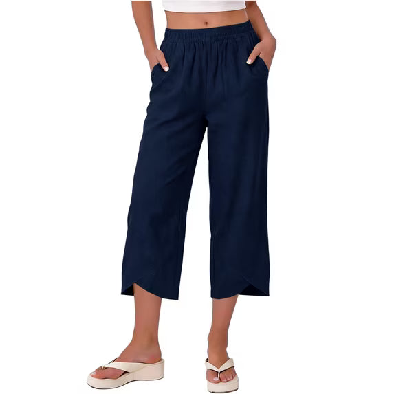 Comfortable women's stretch wide leg capri trousers, ideal for versatile elegant summer outfits.