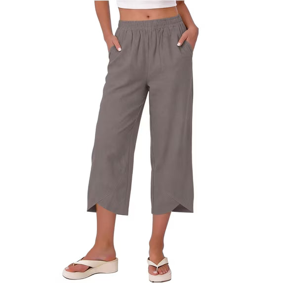 Stylish wide leg capri trousers for women, stretchable fabric ensures all-day comfort.