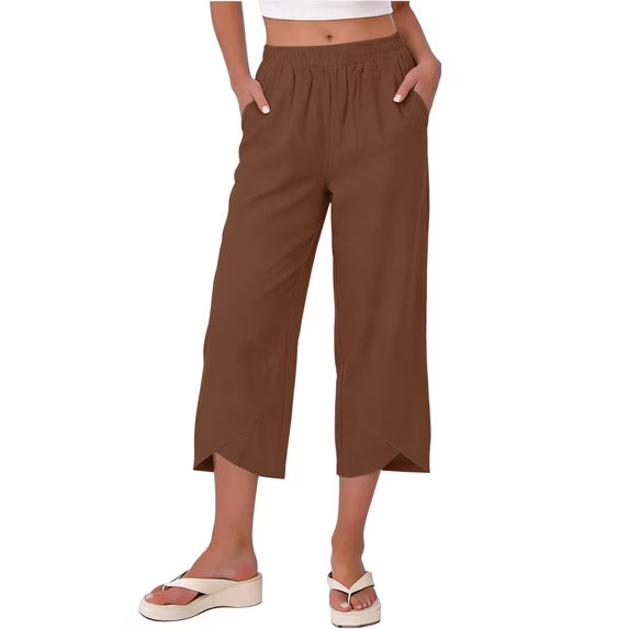 Soft stretchable wide leg capri trousers for women, comfortable and casual summer pants.