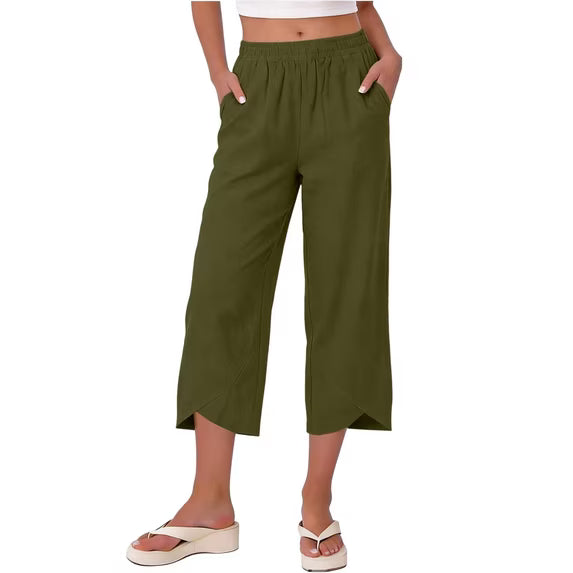 Relaxed fit women's stretch capri trousers with a wide leg, perfect for summer elegance.