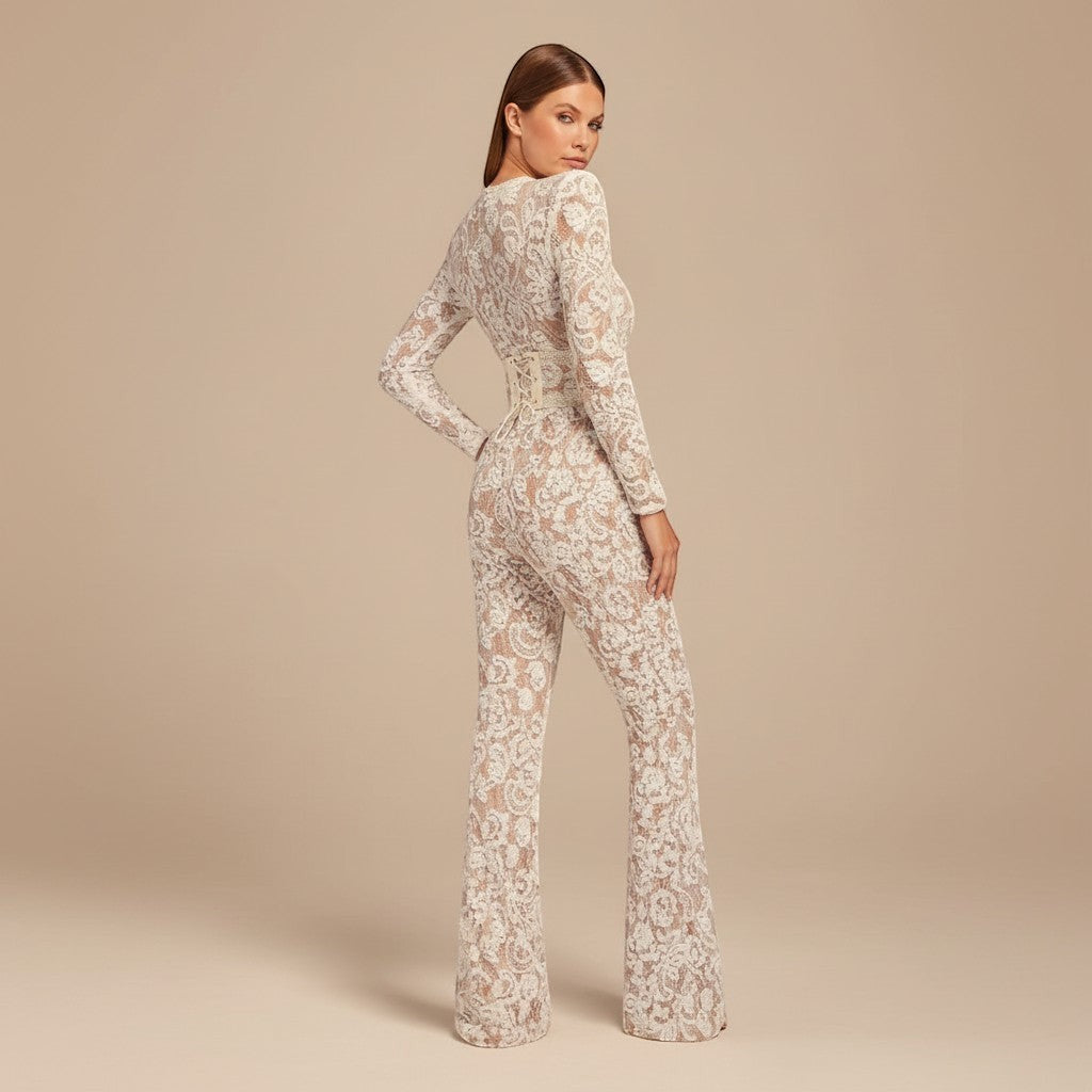 Striking women's sequin lace jumpsuit with structured waist, long sleeves & wide leg for events.