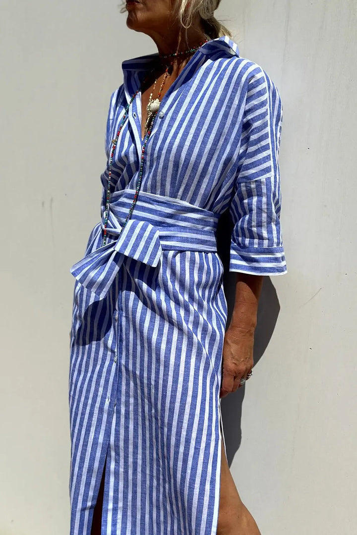 Relaxed fit women's striped button-down midi dress, a comfortable collared shirt dress for everyday casual style.