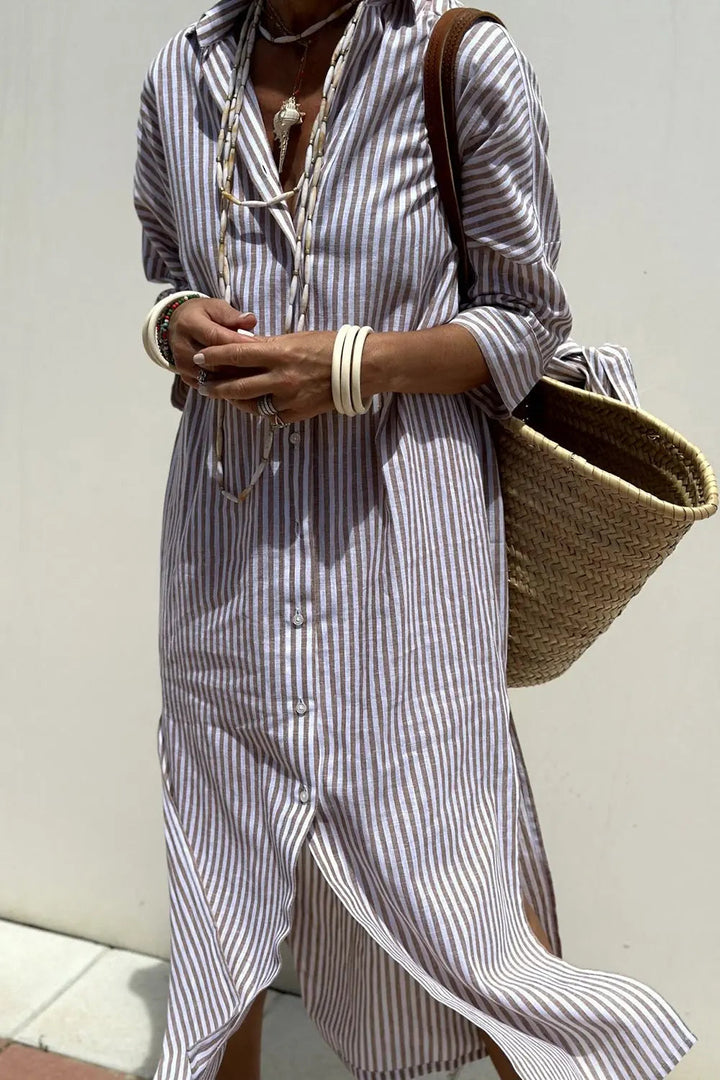 Effortless women's collared striped button-down midi dress, perfect for a chic casual summer or everyday look.