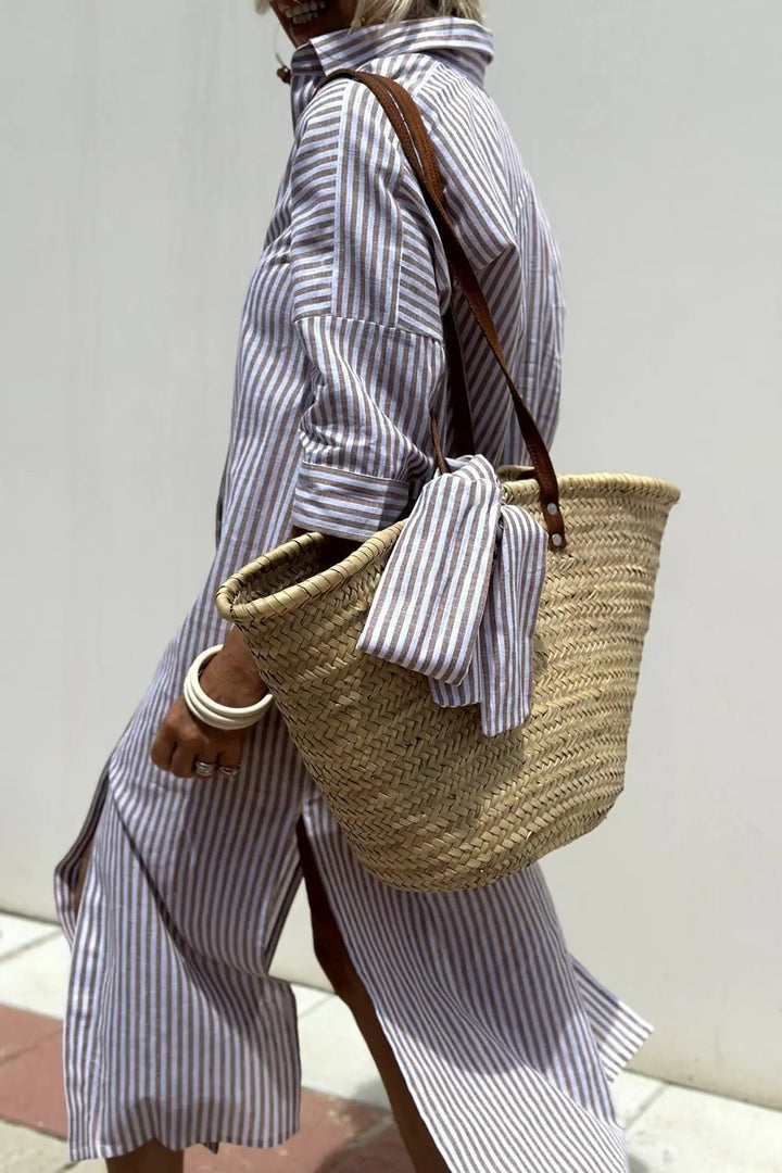 Casual women's striped button-down shirt midi dress. Collared, relaxed fit, great for summer & beach outfits.