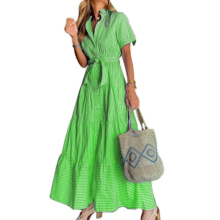 Elegant striped maxi dress for women, A-line & tiered. Button-down & tie-waist ideal for day to night wear.
