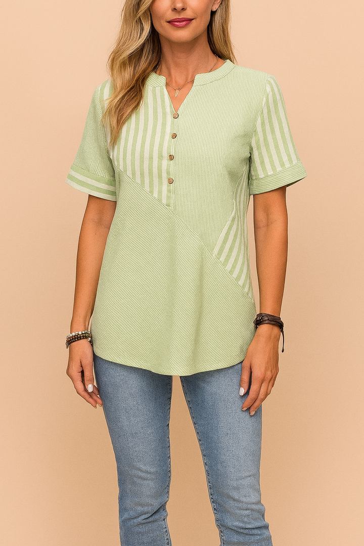 Stylish women's striped blouse, button-front design for elegant & comfortable spring/summer everyday wear.