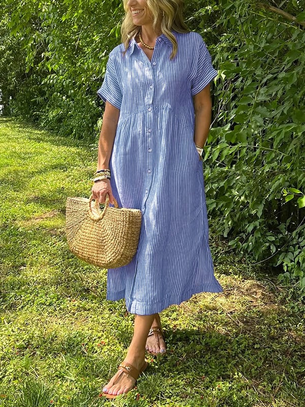 Women's striped button-front midi dress, perfect for casual summer effortless style and comfort.