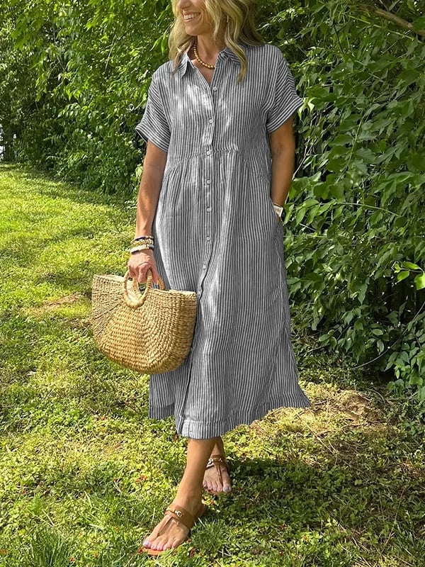 Full-length view of women's striped midi dress, button-front, showcasing comfortable, chic summer apparel.