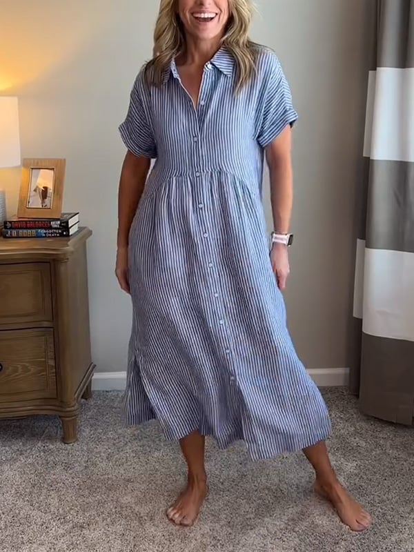 Effortless women's striped button-front midi dress, ideal for comfortable and chic casual summer apparel.