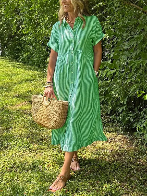 Vertical striped midi dress for women, featuring a classic button-down front, versatile for day outfits.
