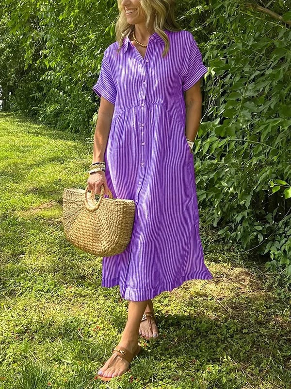 Flowy A-line women's striped midi dress with functional button front, offering comfortable casual apparel.