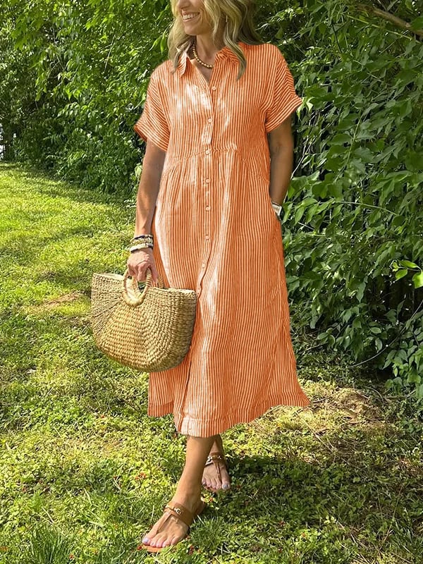 Versatile women's striped midi dress, button-front, easily dressed up or down for any casual summer occasion.