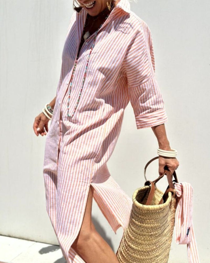 Relaxed fit women's striped midi shirt dress with functional buttons, ideal for comfortable day wear & summer.