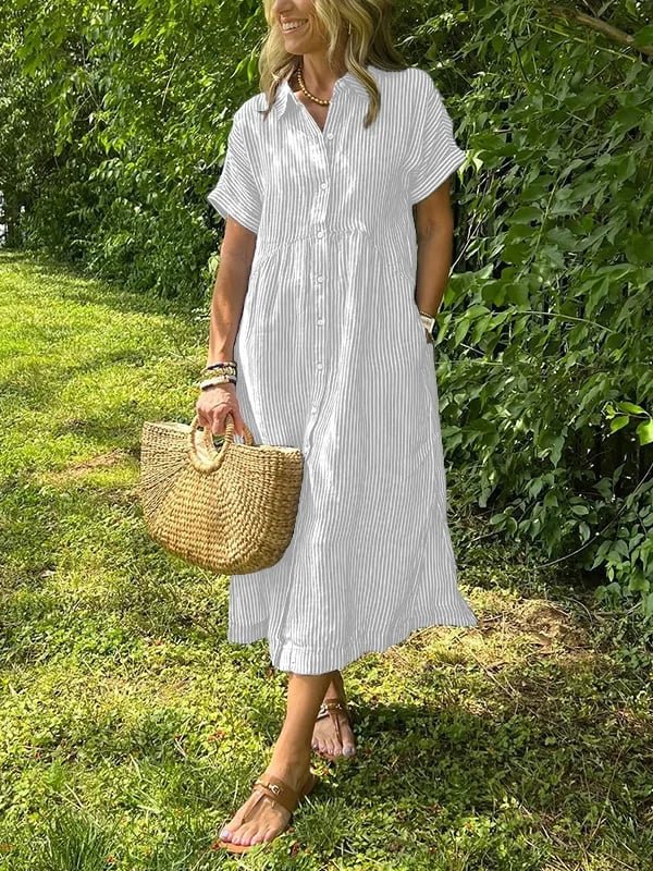 Striped short-sleeve midi shirt dress with button-front, ideal for women's office wear.