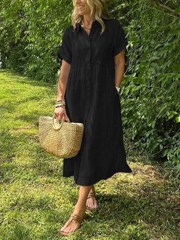 Summer women's striped midi shirt dress, button-front design for a breezy elegant look.