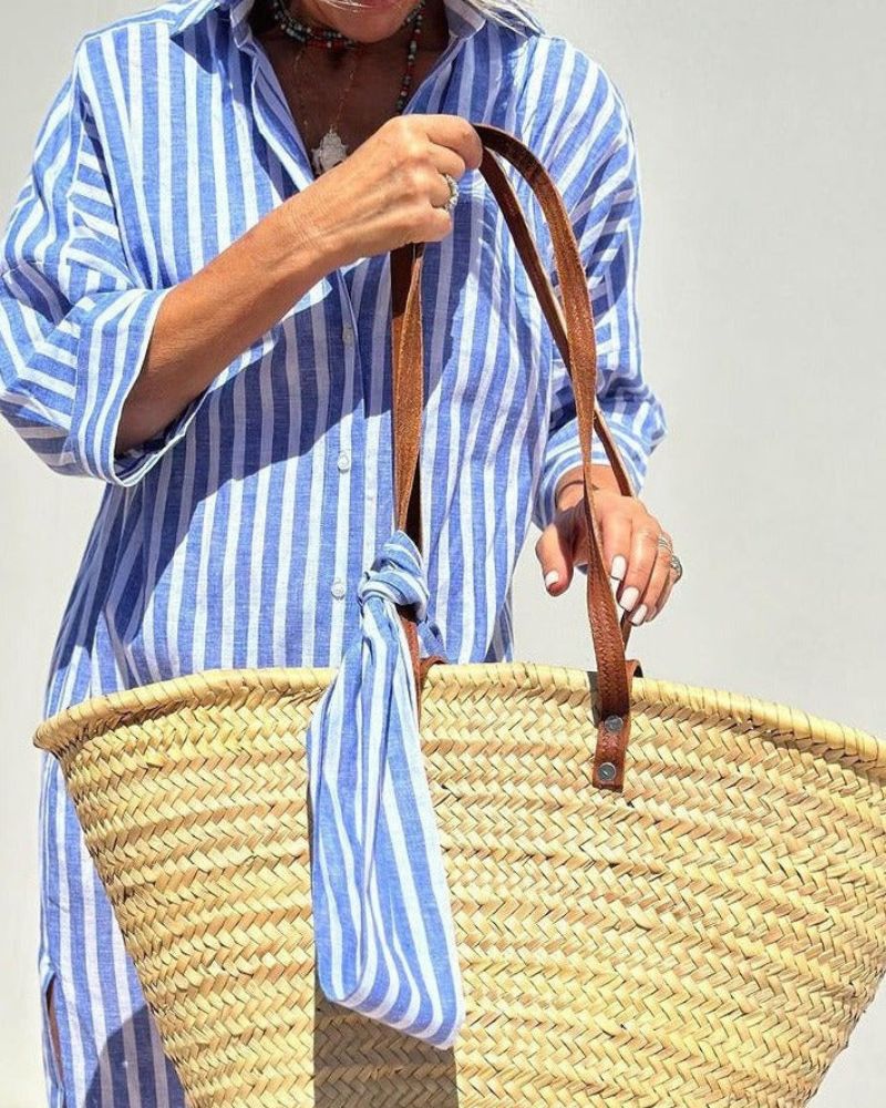 Versatile women's striped midi shirt dress with button front, ideal for summer days, vacations & relaxed style.
