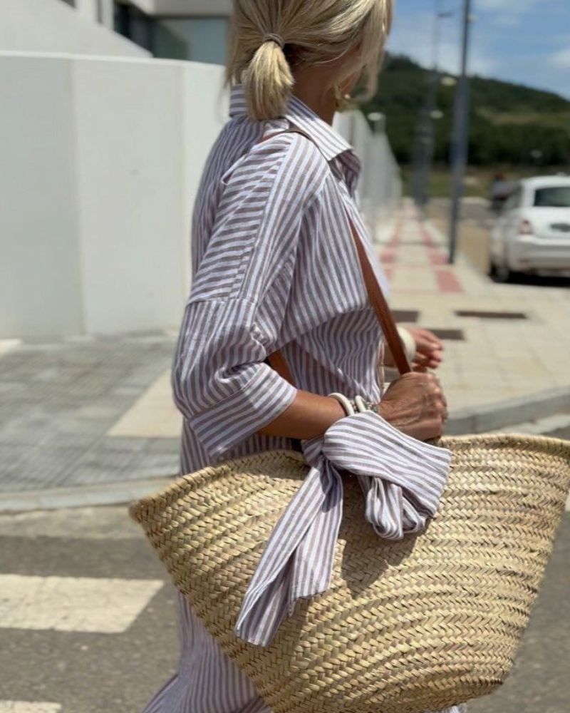 Effortless women's striped button-front midi shirt dress, a chic choice for casual summer fashion & comfort.