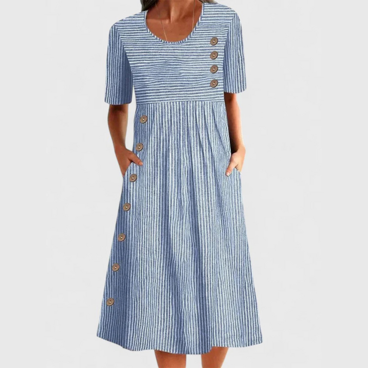 Women's striped button midi dress, A-line cut, perfect for summer casual wear or travel fashion.