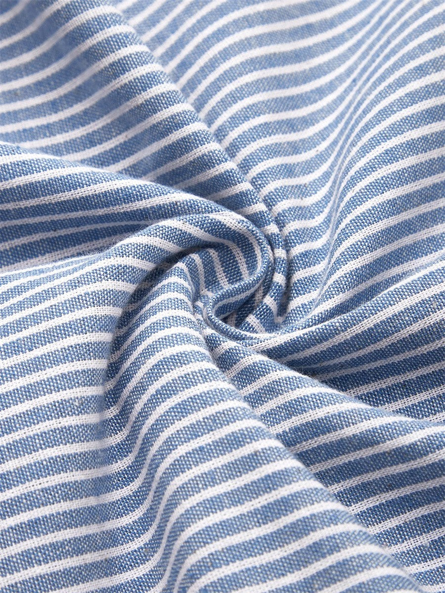 Elegant women's striped button-front midi dress, A-line design, great for casual spring & summer outfits.