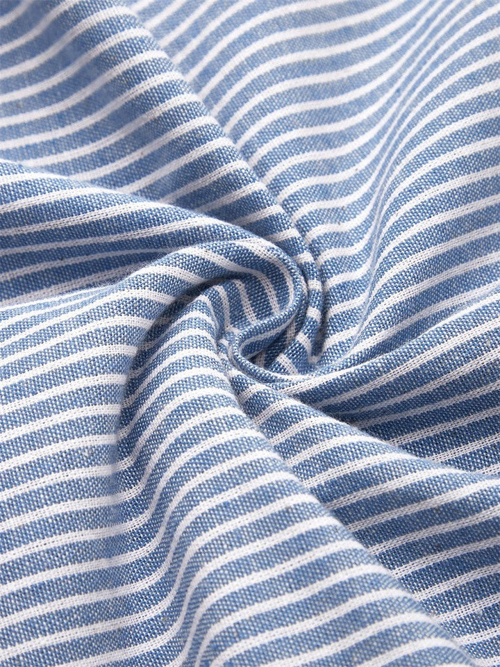 Elegant women's striped button-front midi dress, A-line design, great for casual spring & summer outfits.