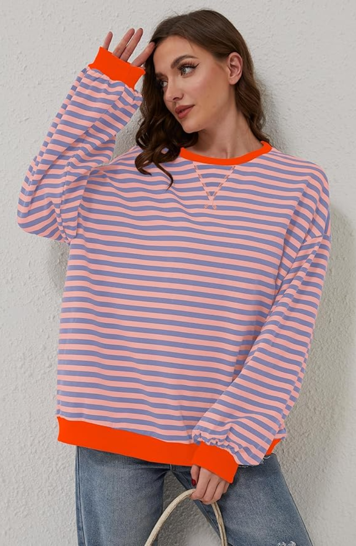 Chic women's striped crewneck pullover, offering versatile fashion and comfortable wear.