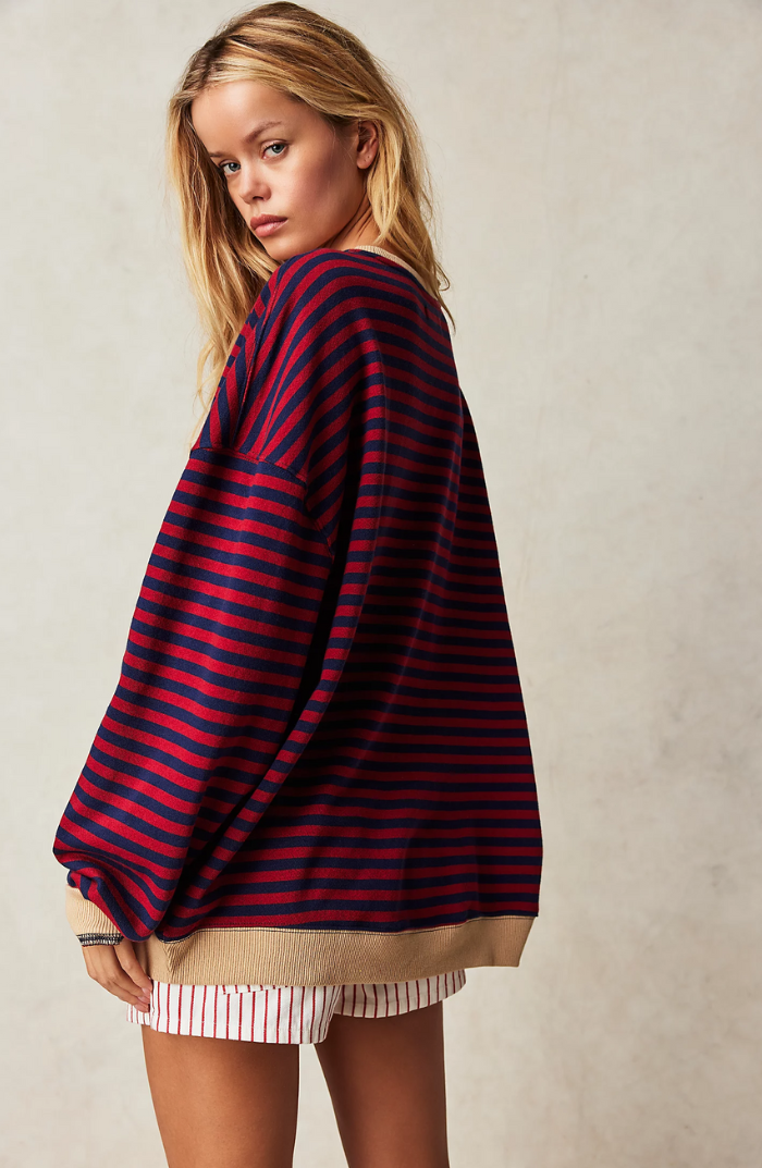 Detailed view of a women's striped crewneck sweater, highlighting its stylish pattern and soft texture.