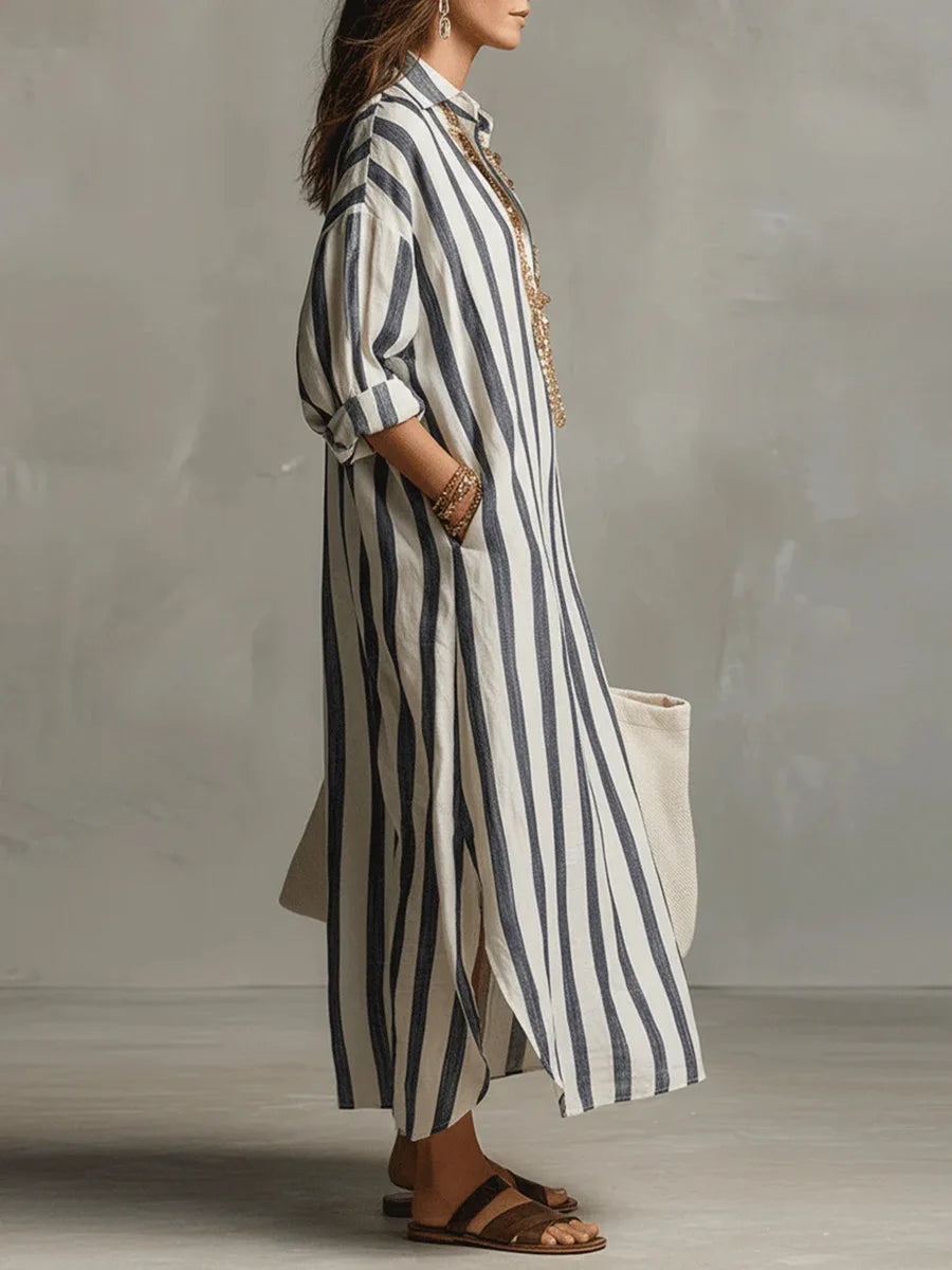Comfortable women's midi shirt dress featuring stylish stripes, a flowy silhouette, and 3/4 sleeves for summer.