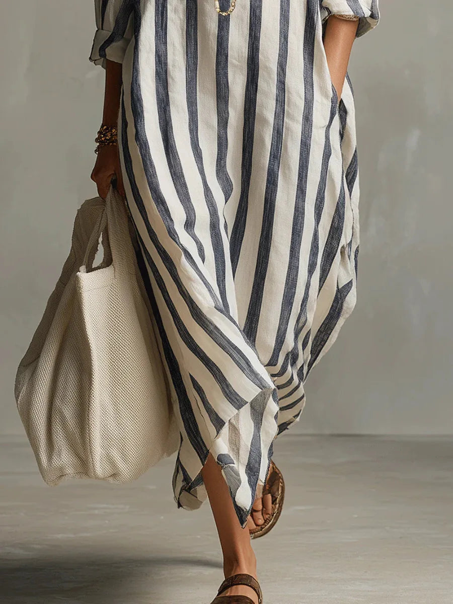 Casual summer women's flowy midi dress, striped, with a shirt collar design and comfortable three-quarter sleeves.