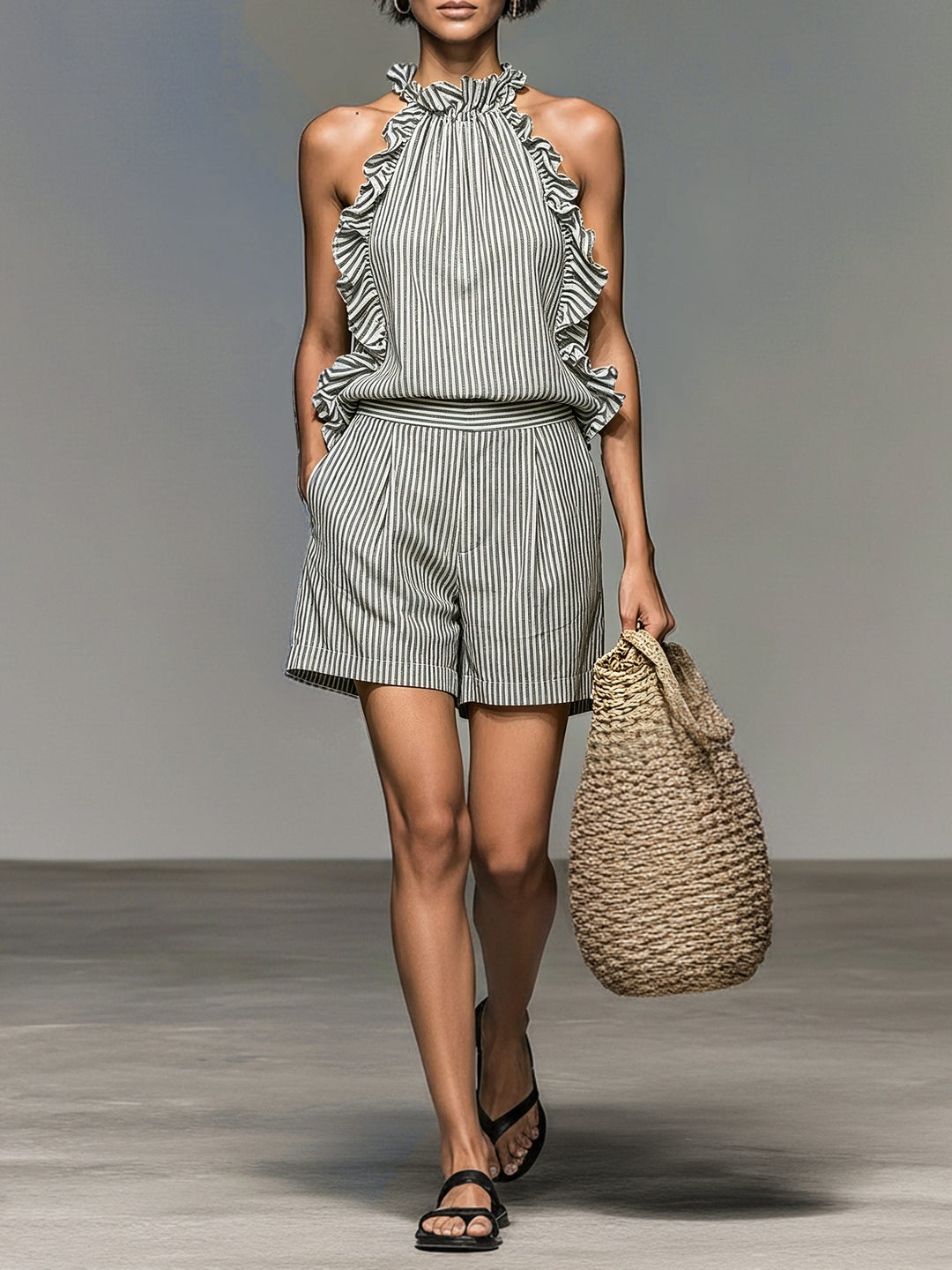 Women's striped halter top and shorts matching set with ruffles. Perfect casual chic summer outfit for warm weather resort wear.
