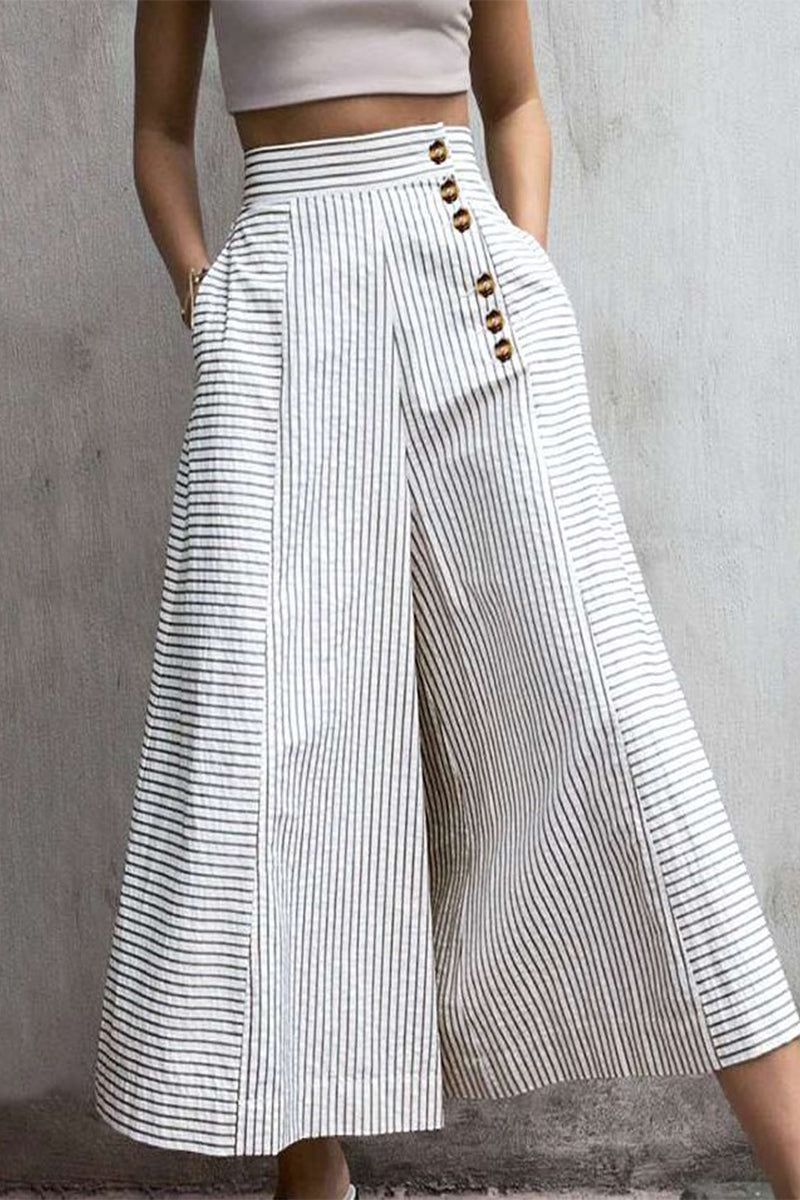 Women's striped high waist trousers with pockets, ideal for elegant casual spring & summer fashion.
