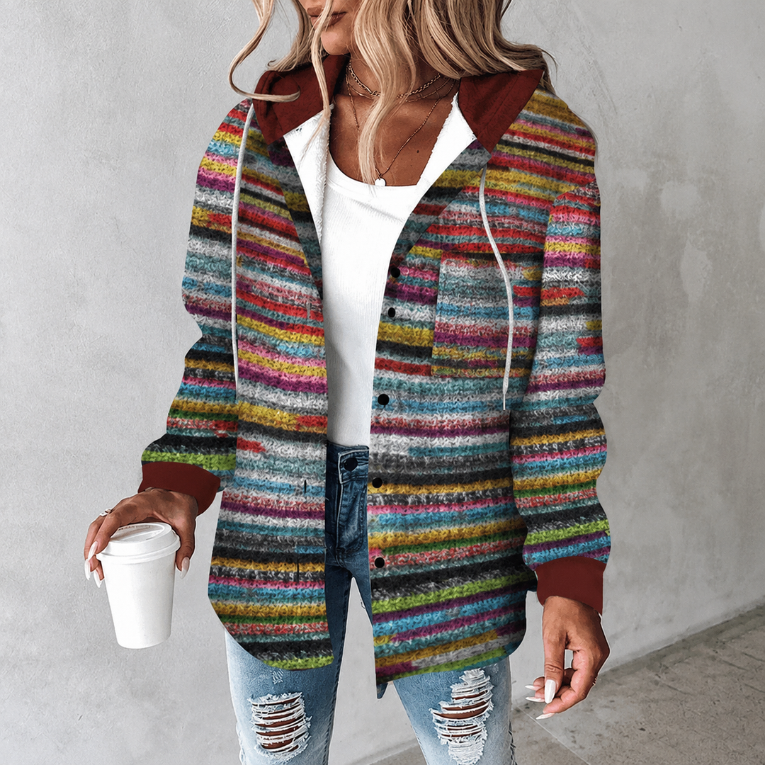 Women's striped hooded jacket with color block design, button-down closure. Perfect for casual everyday wear in spring or fall.