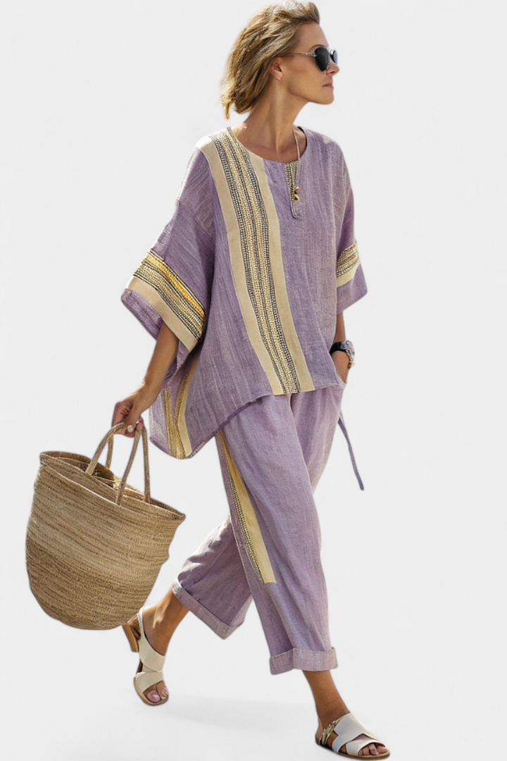 Women's striped linen blend tunic and wide-leg capri set for a comfortable casual look.