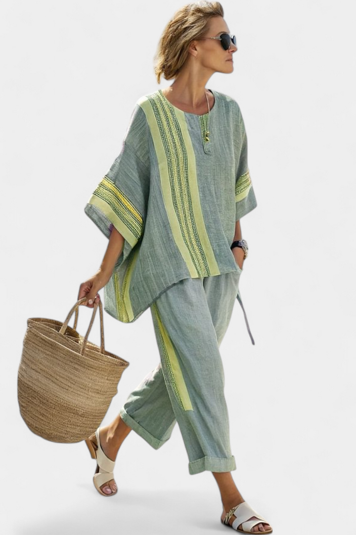 Stylish striped linen blend tunic and capri set for women, a must-have for summer comfort.