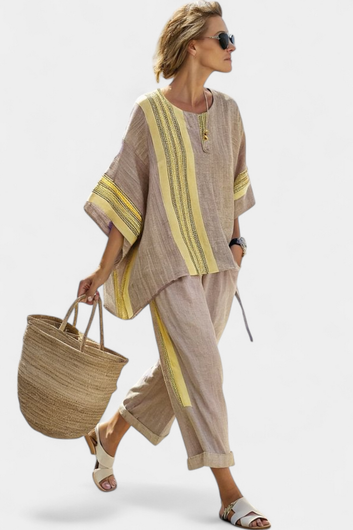 Women's linen blend striped tunic and wide-leg capri set, designed for a relaxed summer fit.