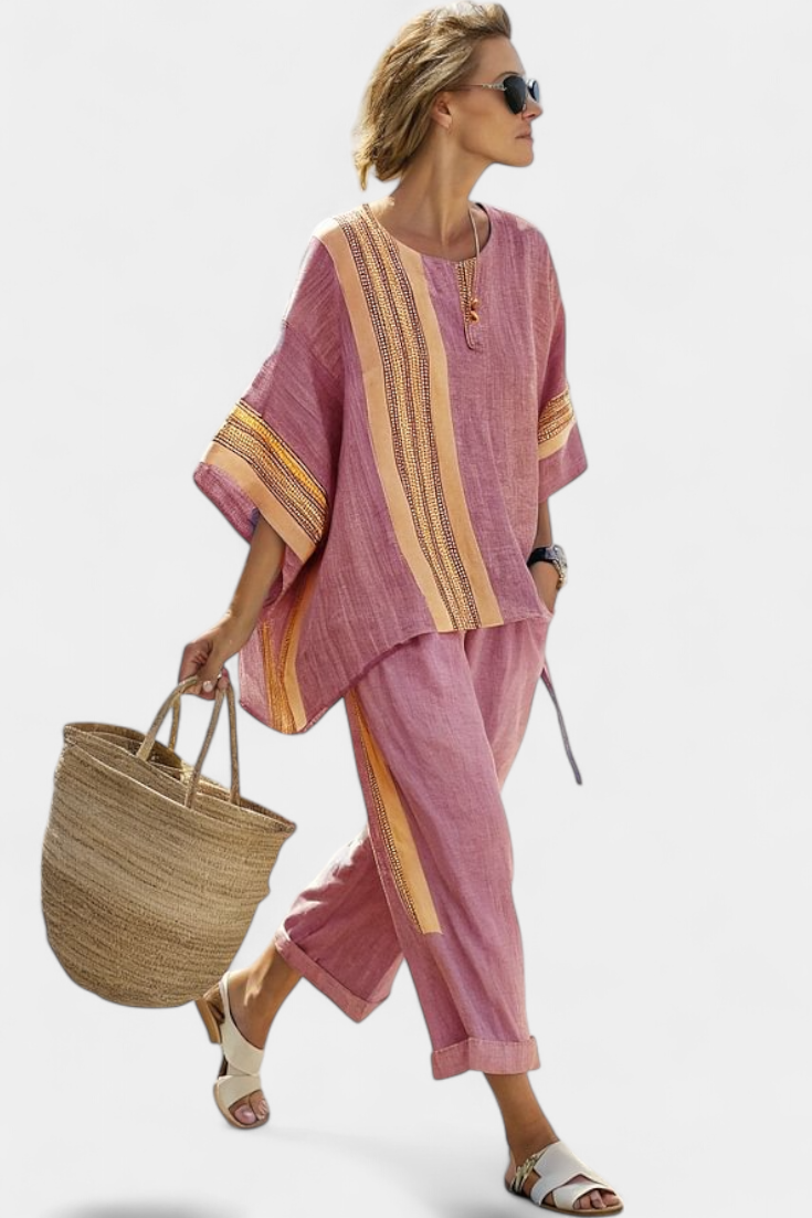 Striped two-piece linen blend tunic and capri set for women, great for warm weather casual style.