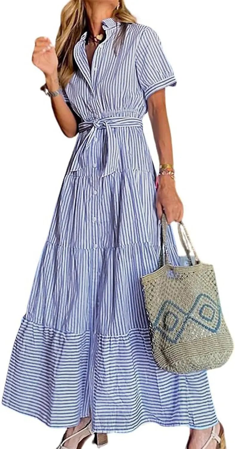 Women's striped maxi dress with ruffle details, tie-waist, and button-down front. Perfect for summer fashion.
