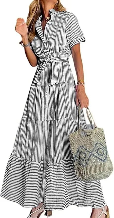 Elegant striped button-down maxi dress for women, with a tie-waist, ruffles, and an A-line cut.