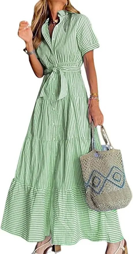 Summer-ready women's striped maxi dress, button-down front, polo collar, and a flattering tie-waist.